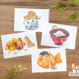 1 feuille | Active x Natsuka Murata | Shiba Inu et de délicieuses collations japonaises Cartes postales | Mame Daifuku - Zenzai - Daikaguimo - Taiyaki