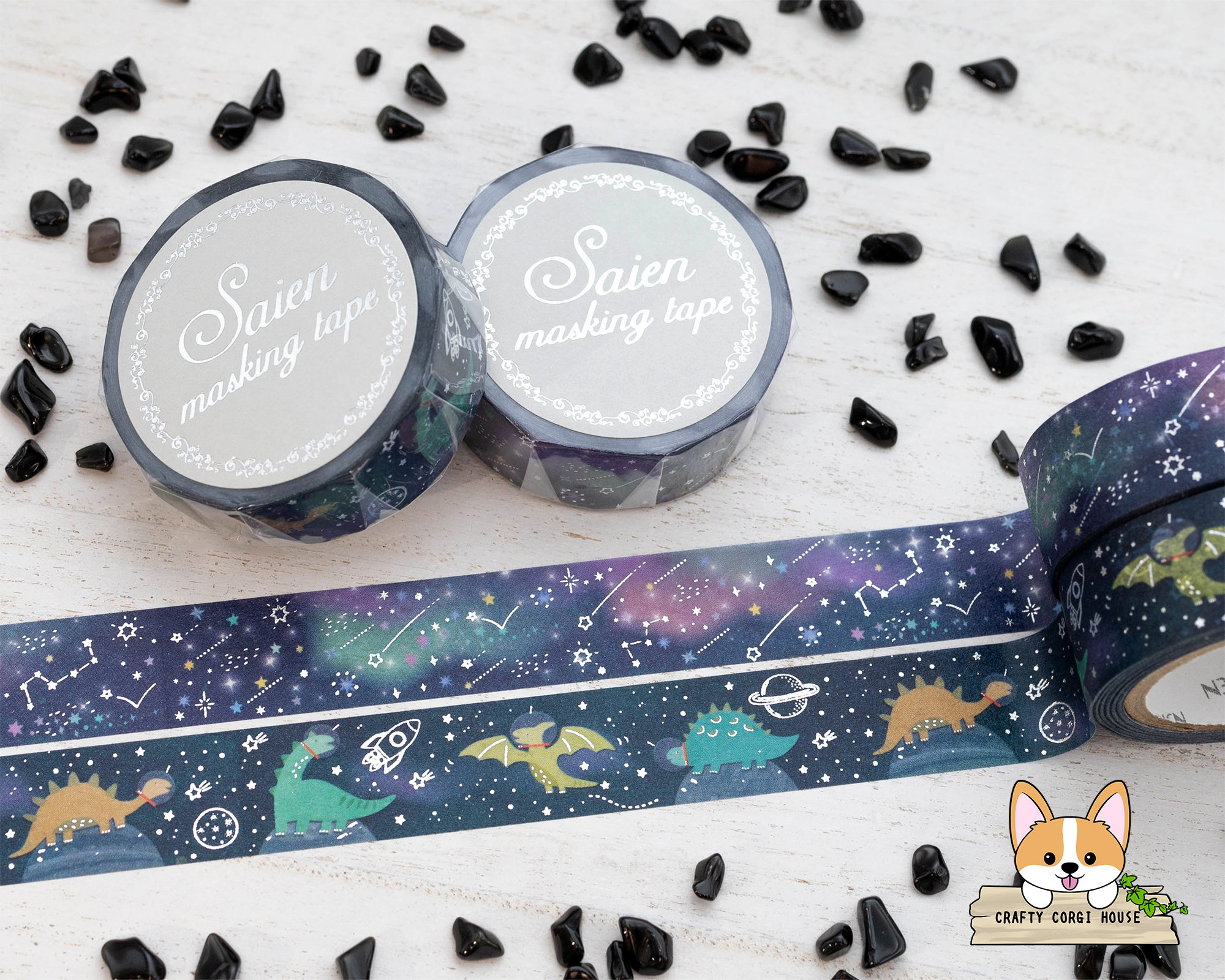 1 roll | 15mm | Kamiiso SAIEN | Foil Stamping Space Washi Tape | Planetarium - Space Dinosaur