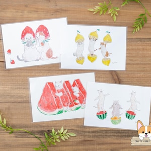 1 feuille | Active x Tocoro Comugi | Cartes postales de chat fantaisiste avec des fruits | Fraise - Citron - Pastèque