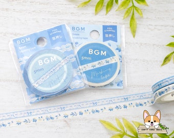 1 or 2 pc set | 5mm | BGM | Flower Silver Foil Slim Washi Tape | Blue Lace - Blue Leaf