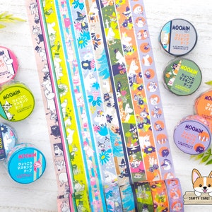 1 roll | World Craft x Moomin | Vertical Washi Tape | Border Pink/Green/Blue - Flower Blue/Orange - Forest Gray - Cake Green - Maru Purple