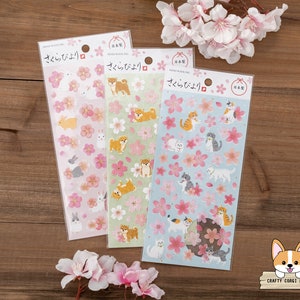 1 sheet | Mind Wave | Japanese Cherry Blossom Washi Stickers | Sakura Bunny (Rabbit) - Sakura Dog (Shiba Inu) - Sakura Cat