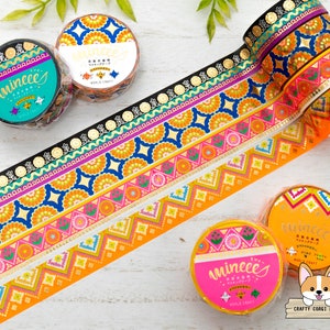 1 rolka | 15 mm | World Craft | Taśma washi z folii złotej Folk MINEEE | Sukienka Spangle - Sunrise Flower - Blossom Pink - Orange Punch