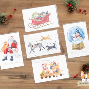 1 hoja / Active x Natsuka Murata / Postal navideña de Shiba Inu / Papá Noel - Trineo - Reno - Bola de nieve - Caballo y tren de madera