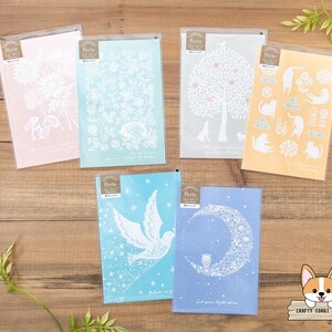 1 folha | NB | Cartões-postais de pérolas brancas PERLE | Buquê de esquilo, ouriço, trevo, cachorro, maçã, gato branco, flor, pássaro branco, estrela, coruja, lua