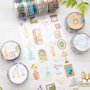 1 rol | 20 mm | Achtergrondmuziek | Foliedoorzichtige PET-tape | Vaas met één bloem (Bud Vase) - Landschap bij raam - Luchtcocktails - Decoratieschilderijen