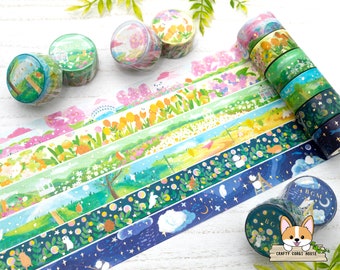 Set van 1 of 2 stuks | 20 mm | Achtergrondmuziek | LITTLE WORLD goudfolie Washi Tape | Sakura - Tulp - Tuin - Boerderij - Nachtbos - Galaxy Island