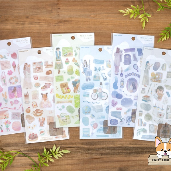 1 or 2 pc set | Kamio | MON ATELIER Tracing Paper Stickers | Flower Garden - Cafe - Picnic - Seaside - Night Sky - Reading