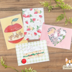 1 feuille | Active x Schinako Moriyama | Cartes postales de lapin | Noyau de pomme - fraise - coeur de fleur - sandwich