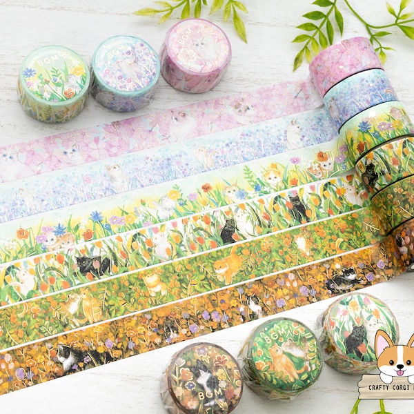 1- oder 2-teiliges Set | 20mm | Hintergrundmusik | Katzen- und Blumenfolien-Washi-Tape | Blossom Small Friends Afternoon Kitty Let's Play Together Find Me Hachiware Cat