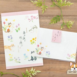 16 hojas 4 sobres / NB / CARTA DE PRIMAVERA Nekorobi Cat Juego de bloc de cartas de 4 diseños A5 y 2 sobres de diseño / Jardín de primavera y gatos