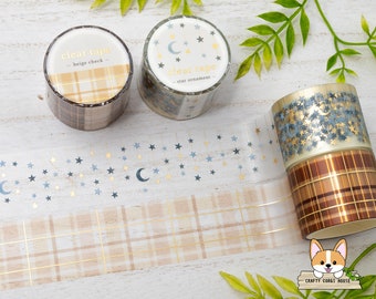 1 or 2 pc set | 30mm | Mind Wave | Gold Foil Clear Matte PET Tape | Star Ornament - Beige Check