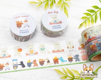 May include: A set of three washi tapes featuring cute illustrations of bears, a chef, and a dog. The tapes are decorated with the text "Let's carry!" and "One day" and the name "Mariko Fukuoka".
