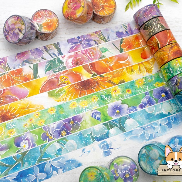 1 oder 4er Set | 20mm | BGM | Aquarell Blumen Washi Tape | Iris Rose Tulpe Sonnenblume Chrysantheme Stiefmütterchen Maiglöckchen Hortensie