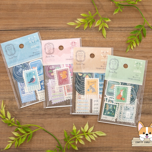 20 pc | NB | Postage Stamps ANTIK PIAC Die Cut Washi Stickers | Antique Chelle Bird - Roche Squirrel - Gulben Rabbit - Verde Fox