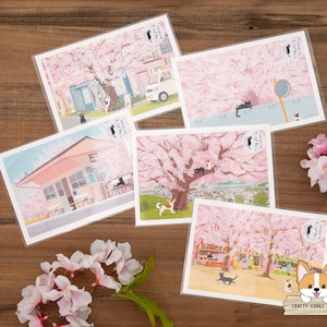1 sheet | Active x Toshinori Mori | TABINEKO (Traveling Cat) Spring Postcards | Barbershop - Sakura Tree - Hanami - Sakura Festival