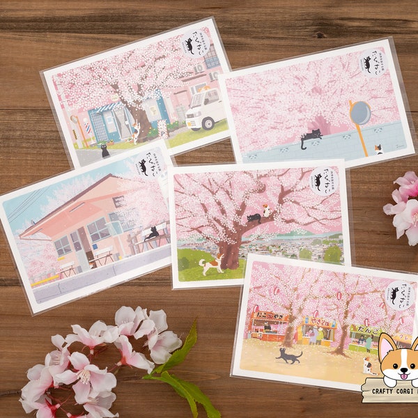 1 or 5 pc set | Active x Toshinori Mori | TABINEKO (Traveling Cat) Spring Postcards | Barbershop - Sakura Tree - Hanami - Sakura Festival