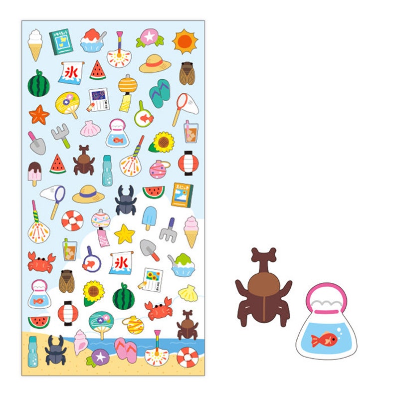 May include: A sheet of colorful stickers featuring summer-themed illustrations, including watermelon, ice cream, a beach umbrella, a seashell, a goldfish, a beetle, a dragonfly, a sunflower, a straw hat, a Japanese lantern, a Japanese flag, and a Japanese character for "water".