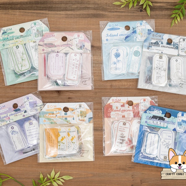 45 pc | BGM | ISLAND ENCOUNTER Collage Die Cut Tracing Paper Stickers | Green - Pink - Blue - White - Lavender - Yellow - Red - Navy