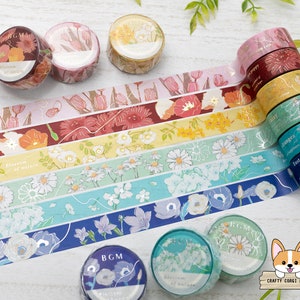 1 roll | 15mm | BGM | Blossom Flower Foil Washi Tape | Almond Pink - Maroon - Sunshine - Sky Green - Aquamarine - Midnight