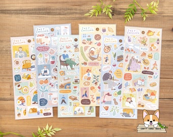 May include: A set of 10 colorful sticker sheets with illustrations of people relaxing and enjoying life. The stickers feature phrases like "Just Chilling", "Land of Lime", "Be in a good mood", and "Cheers".