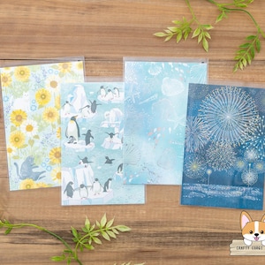 1 foglio / NB / Cartoline estive in lamina olografica / Giardino estivo - Pinguini - Conchiglie - Fuochi d'artificio