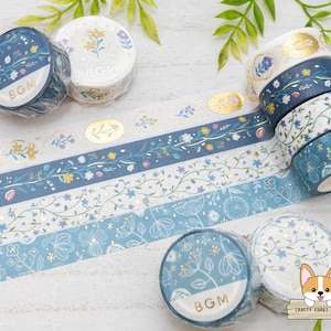 1 rouleau | 15 mm | Musique d'ambiance | Ruban adhésif en papier washi feuille d'or pour carnet de croquis à motif floral | Broche fleur - Fleur à floraison persistante - Danse des fleurs - Bleu azur