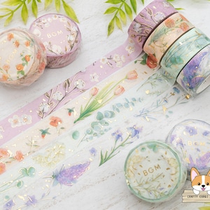 Set van 1 of 4 stuks | 15 mm | Achtergrondmuziek | Tuinbloemen goudfolie Washi Tape | Roze - Perzik - Groen - Lavendel