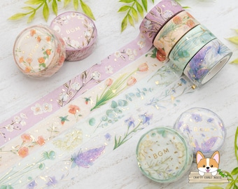 1 roll | 15mm | BGM | Garden Flowers Gold Foil Washi Tape | Pink - Beige (Peach) - Green - Lavender