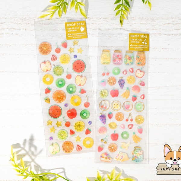 1 or 2 pc set | Active | Drop Gold Foil with Glitter 3D Resin Stickers | Fruits A - Fruits B