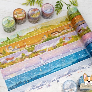1 rouleau | 30 mm | Musique d'ambiance | Ruban adhésif décoratif en papier Washi, pointillisme, paysage | Ferme - Coucher de soleil - Jardin - Bord de mer - Nuit étoilée - Montagne enneigée