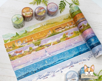 1 or 2 pc set | 30mm | BGM | Landscape Pointillism Art Foil Washi Tape | Farm - Sunset - Garden - Seaside - Starry Night - Snow Mountain