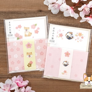 8 hojas 4 sobres / Activo / Set de mini cartas Primavera Sakura (flor de cerezo japonesa) / Perro (Shiba Inu) - Gato (Gato Calico)