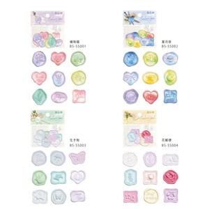May include: Assortment of 4 sheets of pastel colored wax seal stickers. Each sheet features 12 different designs with a variety of themes including plants, animals, and words. The sheets are labeled with the text "BGM Sealing Seal" and the product code.