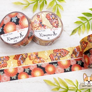 1 roll | 15mm | Kamiiso Saien KIMONO | HANA Series Gold Foil Yuzen Washi Tape | Butterfly - Kotobuki-giku