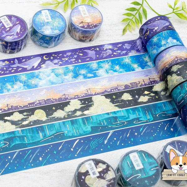 1 roll | 20mm | BGM | Sky Illustrated Book Series Two-tone Foil Washi Tape | Evening Calm - Light - Sunset - Moonlit Night - Aurora - Meteor