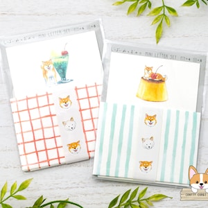 8 hojas 4 sobres / Active x Natsuka Murata / Set de minicartas Shiba Inu y deliciosos snacks / Refresco de melón y crema - Pudín de flan
