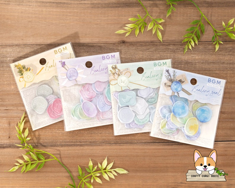 May include: Four packs of sealing wax stickers with different colored wax seals. Each pack has the text "BGM Healing Seal" on the front. The wax seals are in shades of purple, blue, and green.