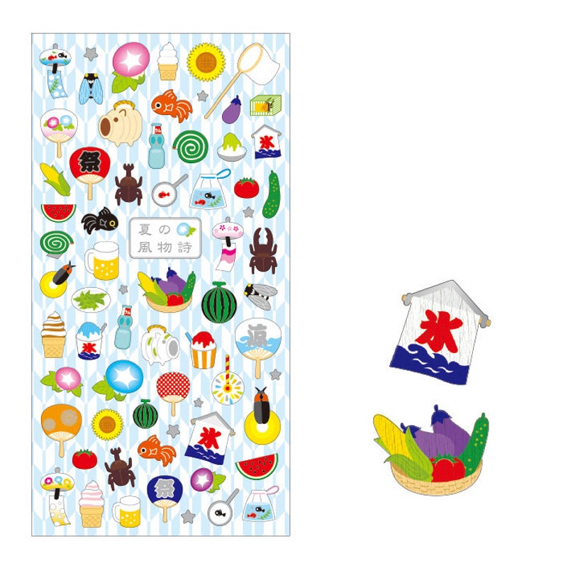 May include: A sheet of colorful stickers featuring Japanese summer-themed illustrations. The stickers include images of watermelon, ice cream, goldfish, fireflies, and more. The text on the sheet reads "Summer's Wind Chimes".
