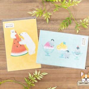 1 sheet | NB x Shino | CREALD Summer Animal Postcards | Polar Bear (with Watermelon) - Penguin (with Shaved Ice)