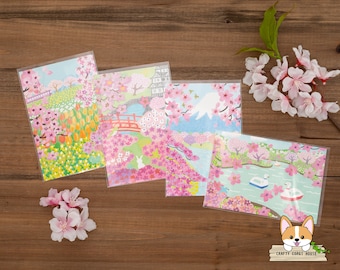 1 or 4 pc set | Active x Haruko Kitamura | Scenic Sakura (Cherry Blossom) Postcards | Flower Field - Japanese Castle - Mt Fuji - Duck Boats