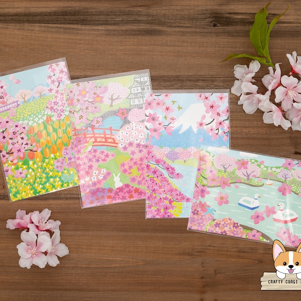 1 or 4 pc set | Active x Haruko Kitamura | Scenic Sakura (Cherry Blossom) Postcards | Flower Field - Japanese Castle - Mt Fuji - Duck Boats
