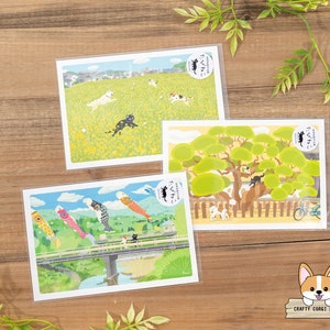 1 feuille | Active x Toshinori Mori | TABINEKO Printemps Cartes postales | Danse des fleurs de colza - On the Manju Tree - Poissons dans le ciel Koinobori