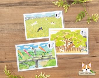 1 or 3 pc set | Active x Toshinori Mori | TABINEKO Spring Postcards | Canola Flower Dance - On the Manju Tree - Fish in the Sky Koinobori