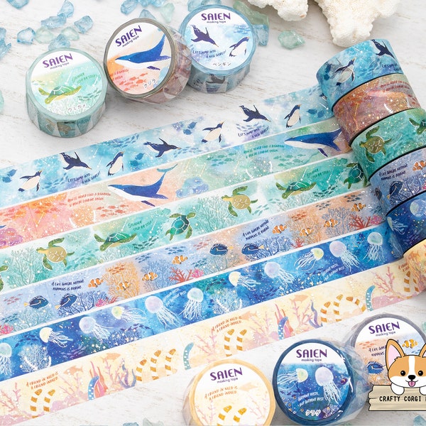 1 or 2 pc set | 20mm | Kamiiso SAIEN | Gold Foil x Silver Foil Washi Tape | Penguin - Whale - Sea Turtle - Tropical Fish - Jellyfish - Eel