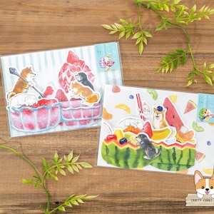 1 carte 1 enveloppe | Active x Natsuka Murata | Shiba Inu et Delicious Summer 3D Box Carte De Vœux | Glace pilée aux fraises - Bol de fruits