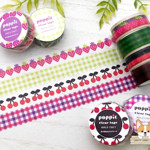 1 rotolo / 15 mm / World Craft / Nastro adesivo trasparente in PET Retro POPPIE / Fragola - Verde lime a quadretti - Ciliegia - Rosa a quadretti