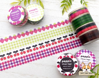 1 roll | 15mm | World Craft | Retro POPPIE Clear PET Tape | Strawberry - Lime Green Checkered - Cherry - Pink Checkered