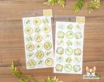 1 folha | Observação | Adesivos de papel crepom com estampa de flores da primavera em estilo japonês e detalhes em folha de ouro | Trevo de quatro folhas - Trevo de quatro folhas e pássaro