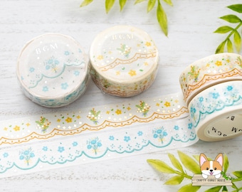 1 roll | 15mm | BGM | Floral Lace Foil Washi Tape | Yellow Flower Lace - Blue Flower Lace